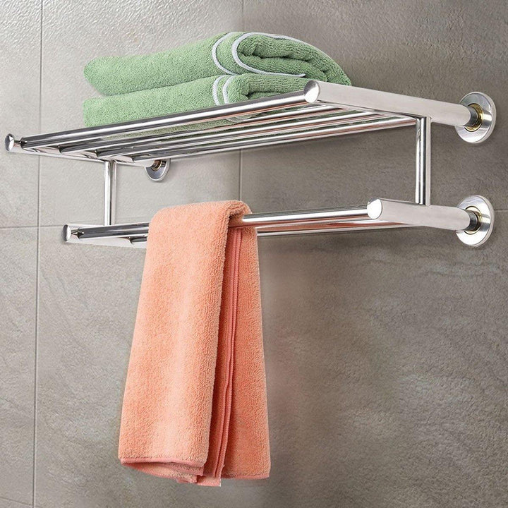 304 Stainless Steel Double Tiers Towel Rail Rack Shelf Wall Mounted Bathroom - MRSLM