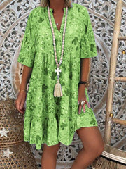 Printed V-neck button ruffled loose dress - MRSLM