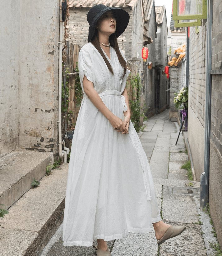 v-neck drawstring swing dress, view 4 - MRSLM