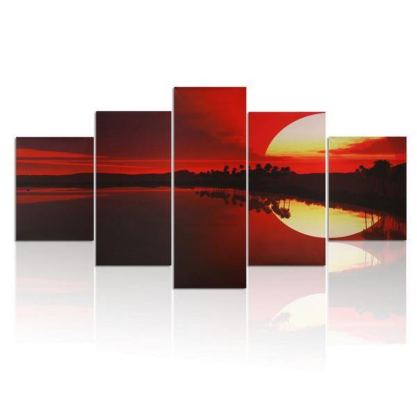 5PCS Frameless Canvas Painting Red Dusk Lakeside Picture Modern Wall Art Home Decor - MRSLM