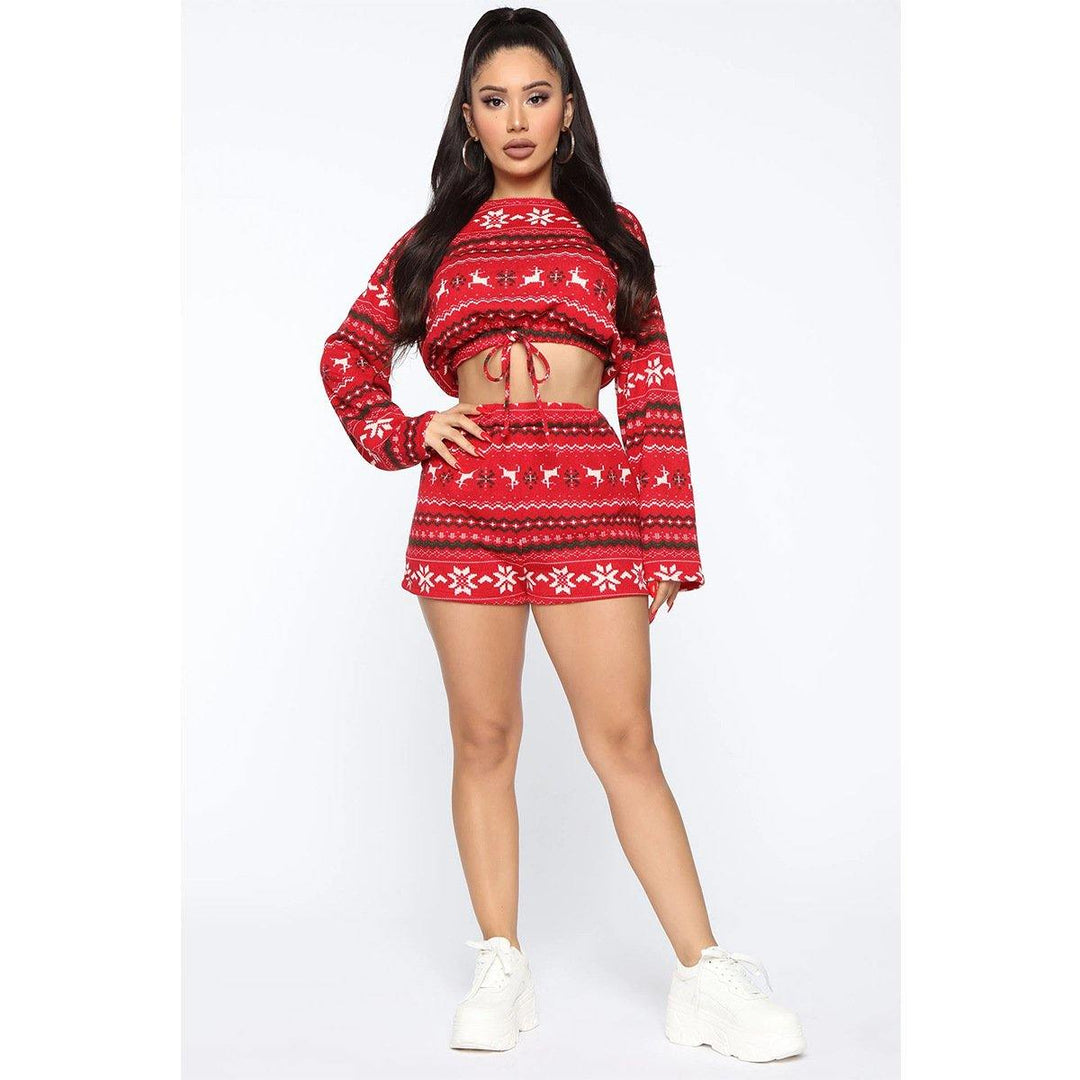 Women Christmas Pajama Sets Long Sleeve Crop Top Shorts 2Pcs - MRSLM