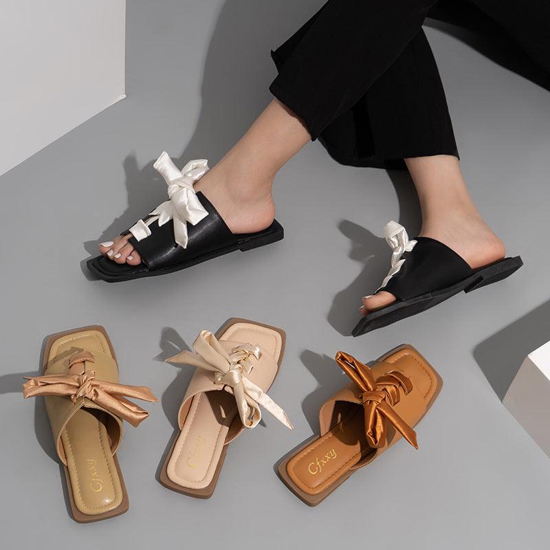 Women's Toe Silk Bow Flat Casual Slippers - MRSLM