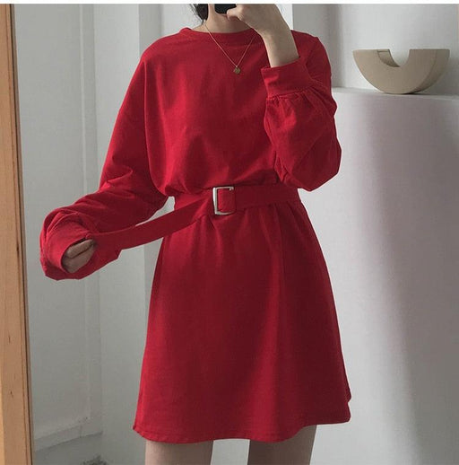 Solid color long-sleeved lace-up waist skirt dress - MRSLM