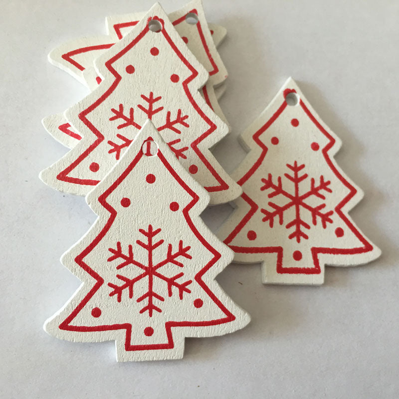 White / Red Natural Wooden Christmas Pendants 5 pcs Set