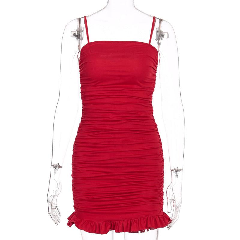 Pleated Ruffled Sexy Bag Hip Strap Dress