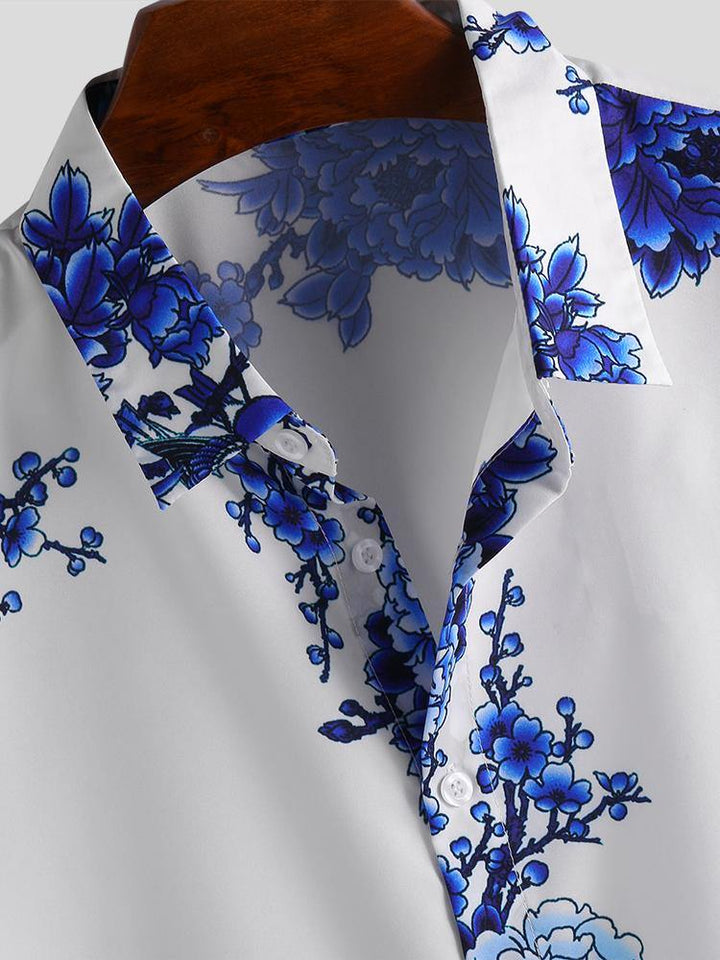 Mens Chinese Style Porcelain Floral Printed Short Sleeve Turn Down Collar Casual Shirts - MRSLM