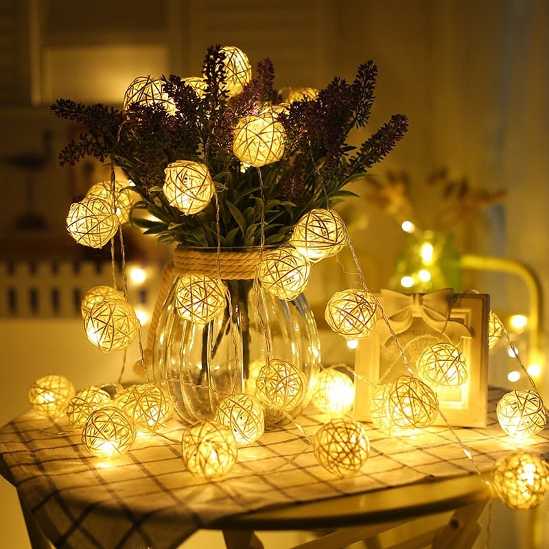 Warm White Rattan Ball LED String Light