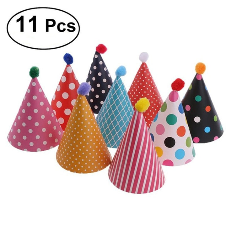 Birthday Party Cone Hats with Pom 11 pcs Set