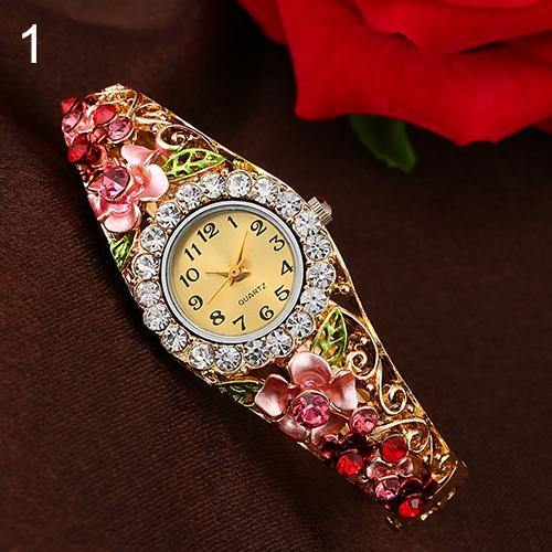 Women's Beautiful Flower Band Hollow Out Bangle Crystal Quartz Bracelet Watch Jewelry - MRSLM