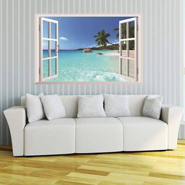 3D Hawaii Holiday Sea View Beach Window View Decal Wall Sticker - MRSLM