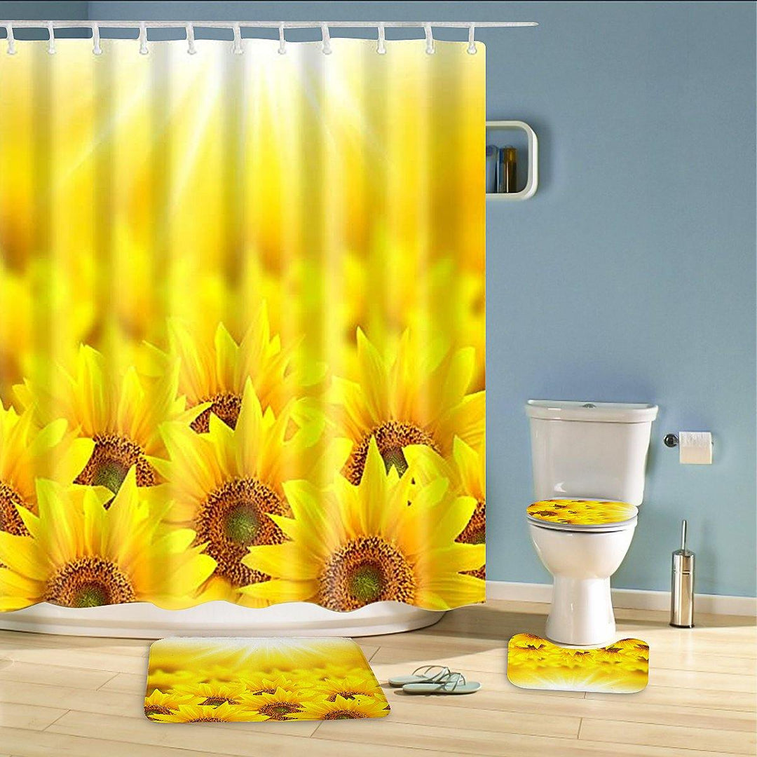 Bathroom Shower Curtain Sunflowers Print Durable Waterproof Bath Curtain Set Toilet Cover Mat Non-Slip Bathroom Rug Set - MRSLM