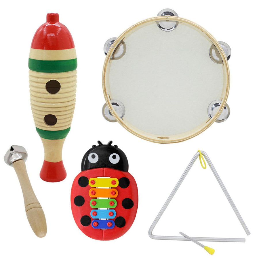 5-Piece Set Orff Musical Instruments Fish Frog/Hand Tambourine/Single Bar Bell/Music Triangle Iron/Beetle Five-tone Aluminum Piano - MRSLM