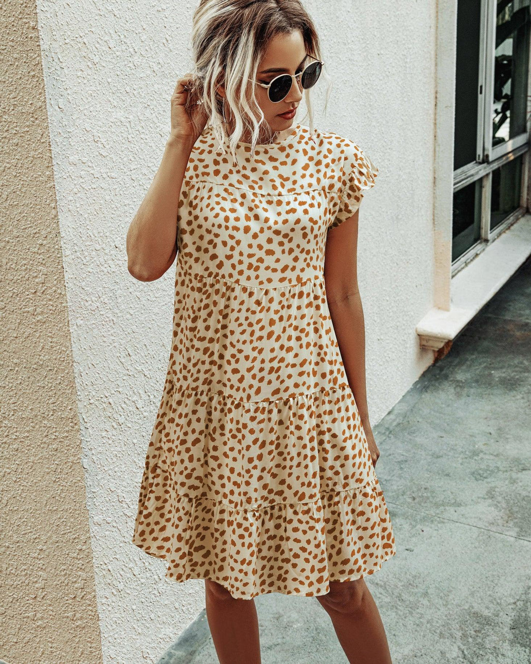 Leopard print round neck short sleeve loose dress - MRSLM