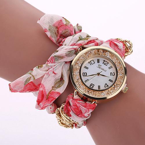 Fashion Geneva Lady Girl Flower Print Cloth Quartz Bracelet Dress Wrist Watch - MRSLM
