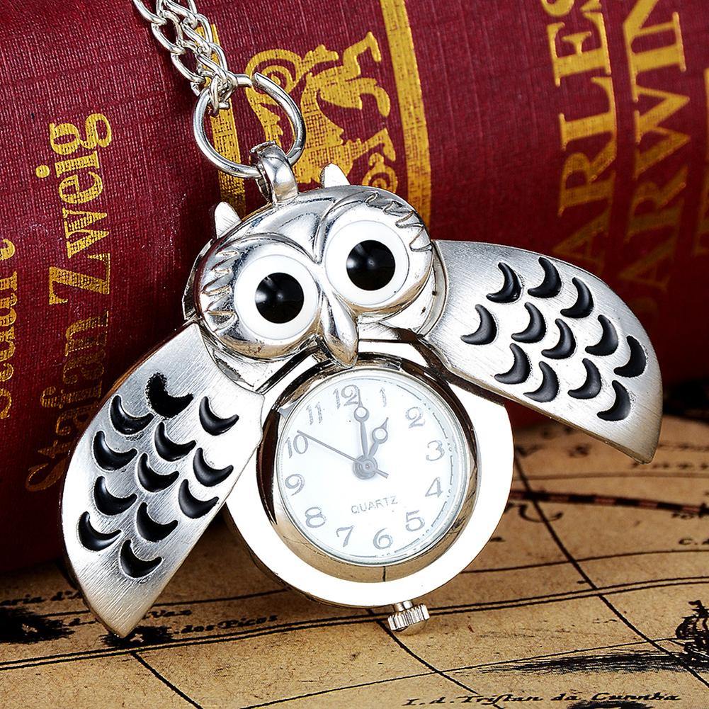 Antique Cartoon Owl Wing Pocket Watch Quartz Analog Pendant Necklace Xmas Gift - MRSLM