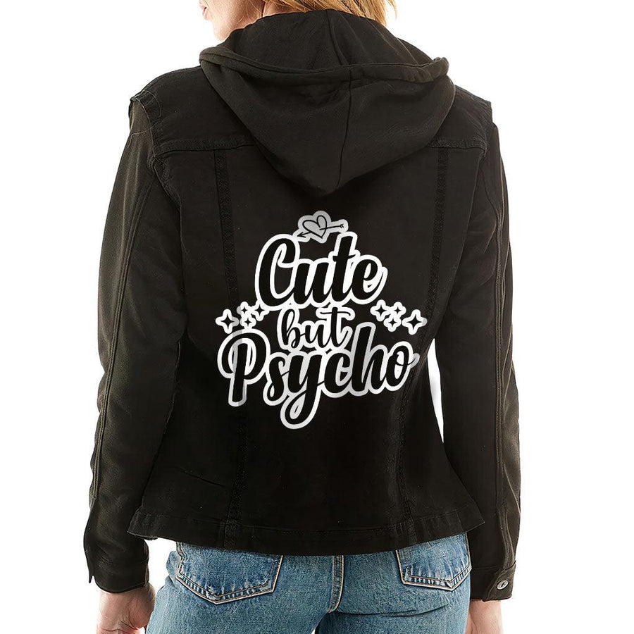 Cute but Psycho Ladies Denim Jacket with Fleece Hoodie - Cool Women's Denim Jacket - Cute Design Denim Jacket - MRSLM