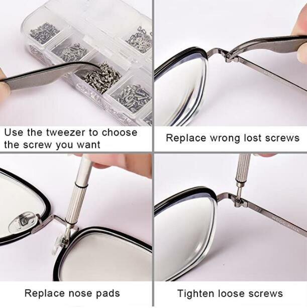 Sunglasses Eyeglasses Repair Kit 1100PCS Tiny Stainless Steel Screws and 5 Pairs Nose Pads with Micro Screwdriver Tweezer for Watch Clock Spectacle Eyewear Repair - MRSLM