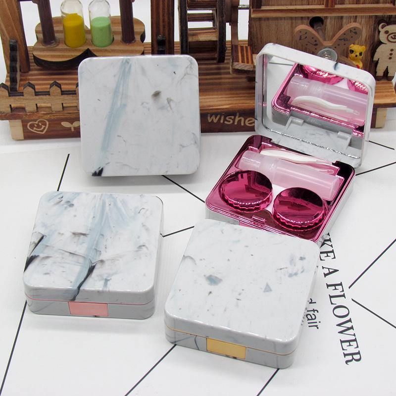 Square Contact Lenses Case Marble Surface Mirror Lens Container Box Travel Eye Contacts Holder Cover Soaking Contact Lenses - MRSLM