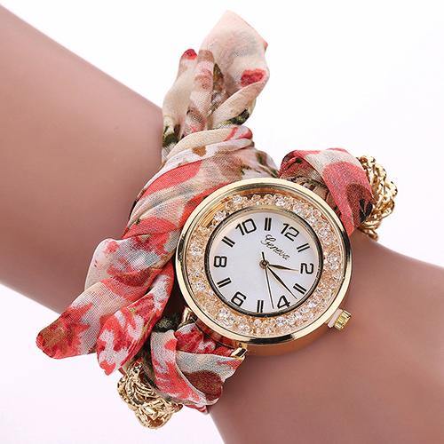 Fashion Geneva Lady Girl Flower Print Cloth Quartz Bracelet Dress Wrist Watch - MRSLM