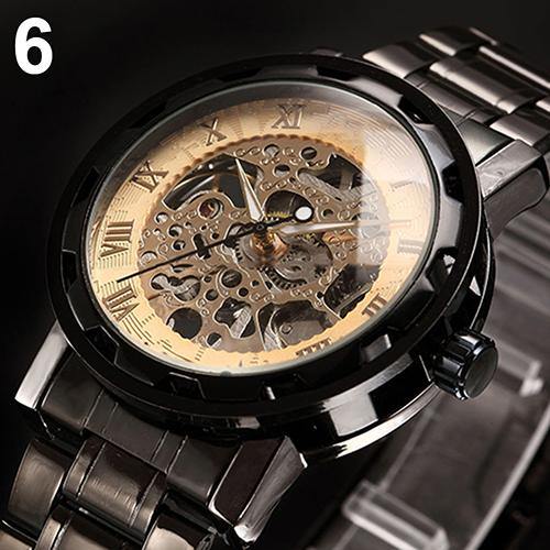 Men Skeleton Roman Numerals Hollow Dial Stainless Steel Band Mechanical Watch - MRSLM