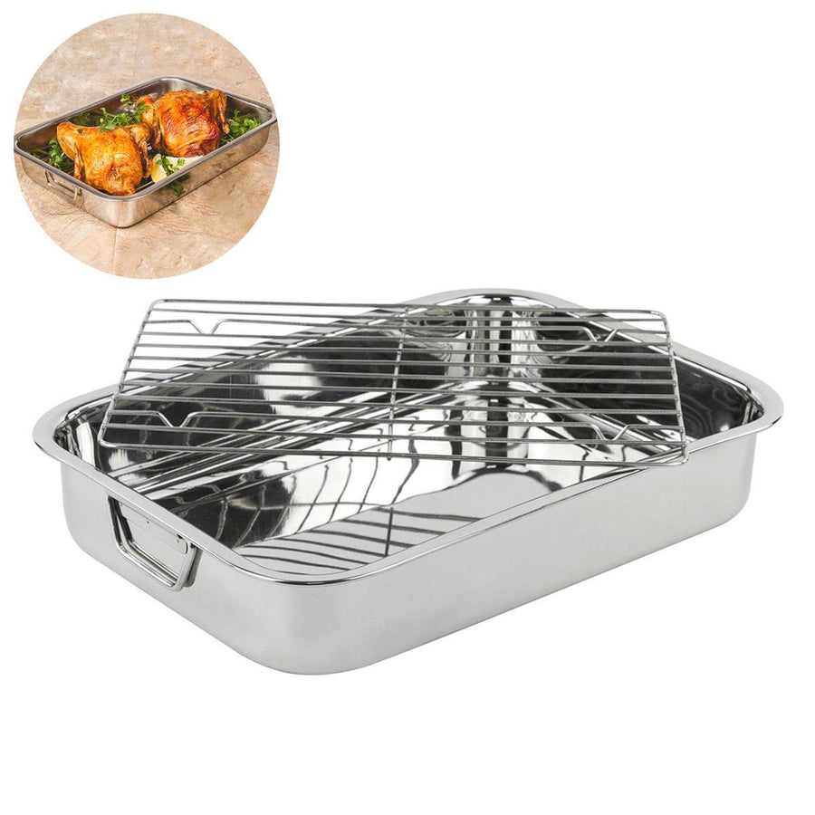 42*32*7cm Stainless Steel BBQ Grill Pan Chicken Roaster Cooking Tray Pan with Rack - MRSLM