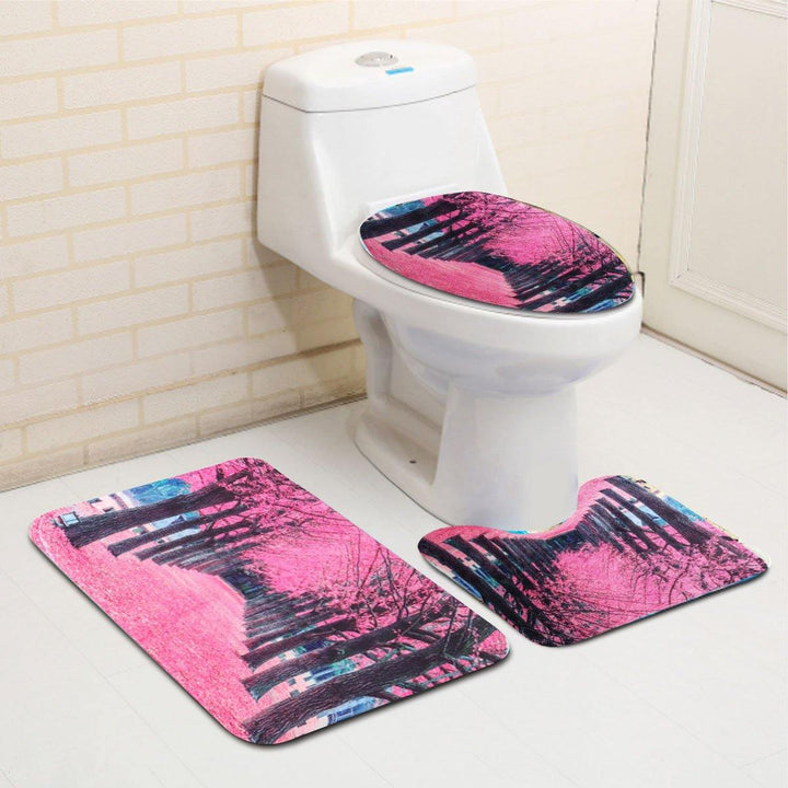 Sakura Floral Waterproof Bathroom Shower Curtain Seat Lid Cover Bath Mat Hook - MRSLM
