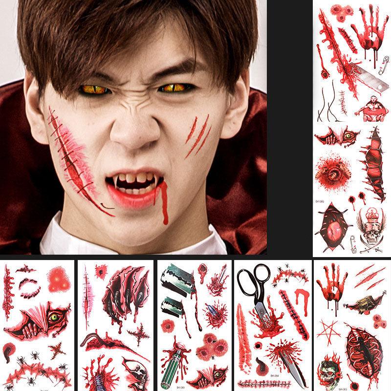 Halloween Props Tattoo Stickers Horror Simulation Wound Realistic Blood Scars Scratches Stitch Pattern - MRSLM