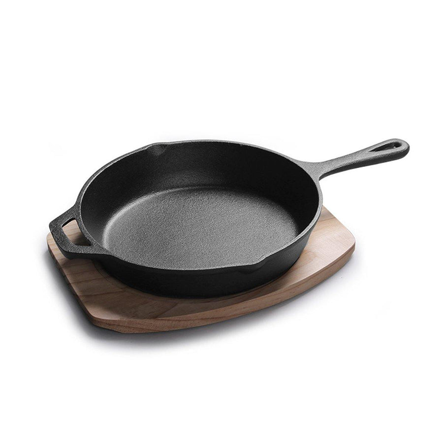 12'' Cast Iron Frying Pan No-Coating Saucepan Skillet Kitchen Home Cooking Tool With Wood Base - MRSLM