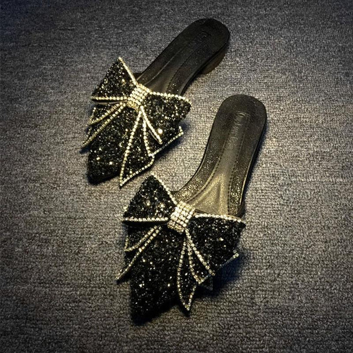 Fashion Women's Rhinestone Pointed Bow Half Slippers - MRSLM