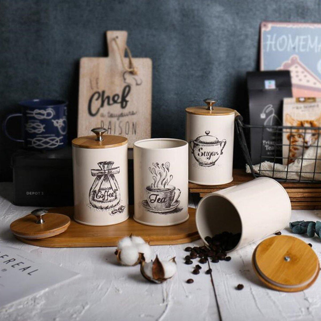 3Pcs Retro Tea Coffee Sugar Canisters Jars Pots Tins Kitchen Storage Container - MRSLM