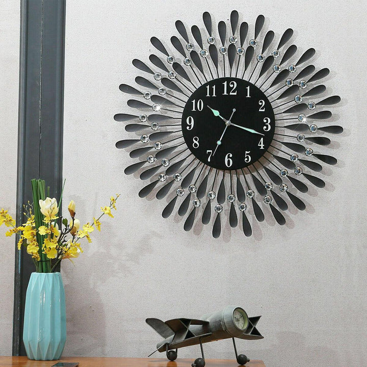 Large Modern 3D Crystal Wall Clock Luminous Retro Iron Art Round Dial Black Drops Home Office Wall Decoration - MRSLM