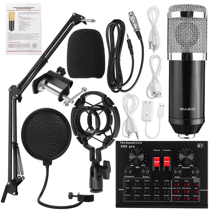 Condenser Microphone with Live Studio Sound Card Recording Mount Boom Stand Mic Kit for Live Broadcast K Song - MRSLM