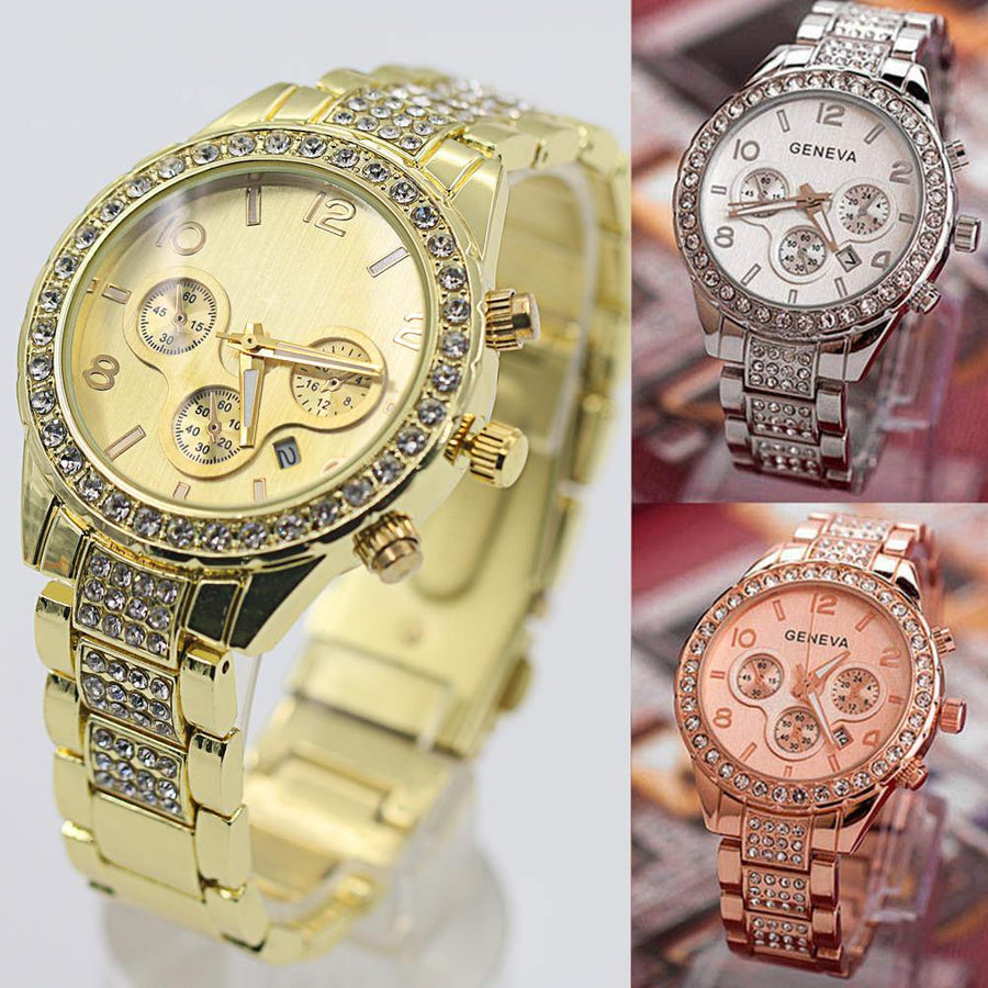 Women's Geneva Decorative Dials Stainless Steel Band Quartz Analog Wrist Watch - MRSLM