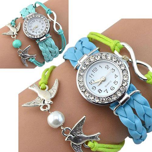 Women Bird Love Heart Multilayer Knitted Faux Leather Bracelet Wrap Wrist Watch - MRSLM