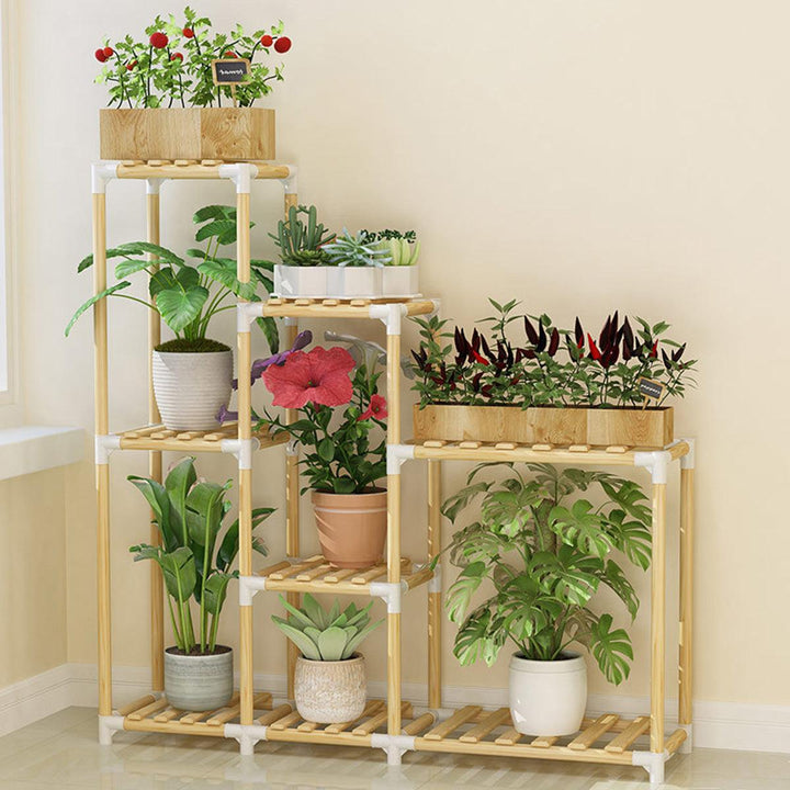 Multifuncitonal Wooden Plants Stand Follower Pot Organizer Shelf Garden Display Rack Holder for Garden Indoor Decor - MRSLM