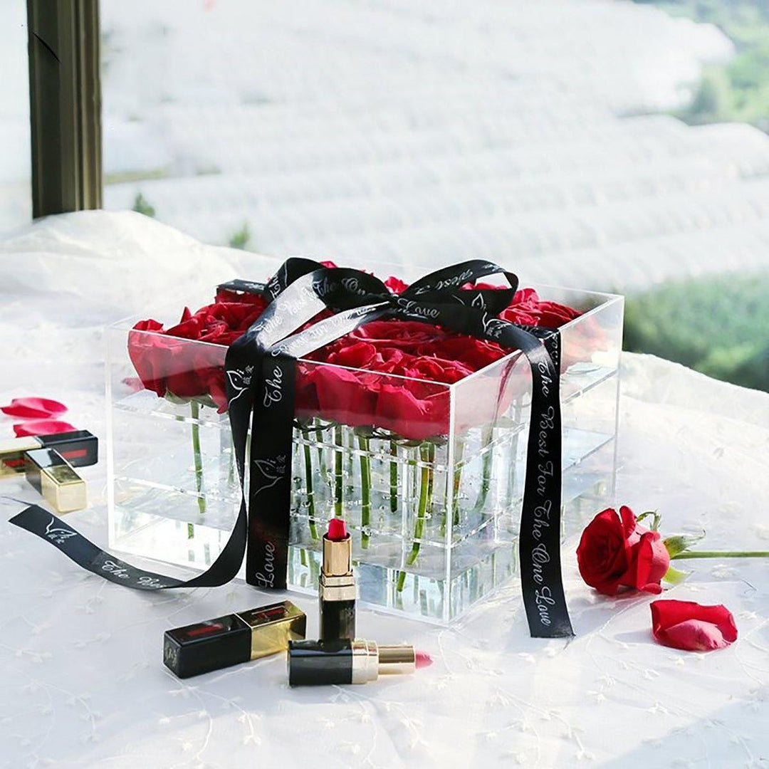 Clear Acrylic Rose Flower Box Makeup Organizer Artificial Flower Bouquet Wedding Decorations - MRSLM