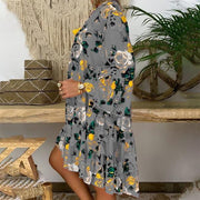 Printed V-neck button ruffled loose dress - MRSLM