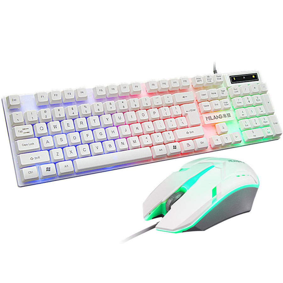 104 Keys Wired Keyboard and Mouse Set Rainbow Backlight USB 1000 DPI Gaming Keyboard for Home Office Computer Supplies (White) - MRSLM