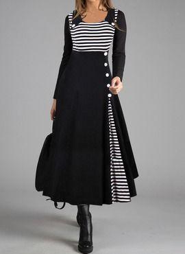 Striped Stitching Doll Collar Large Hem Dress