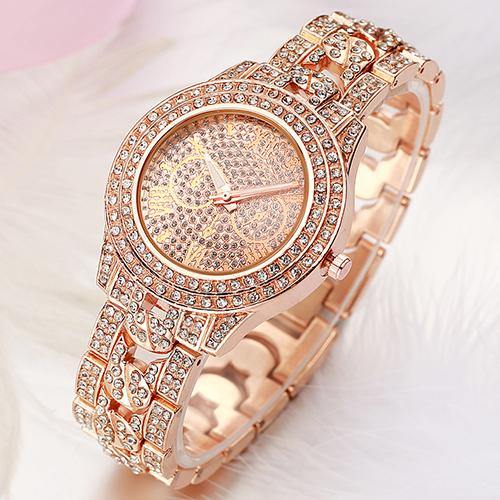Women's Fashion Luxury Inlaid Shiny Rhinestone Round Dial Quartz Wrist Watch - MRSLM