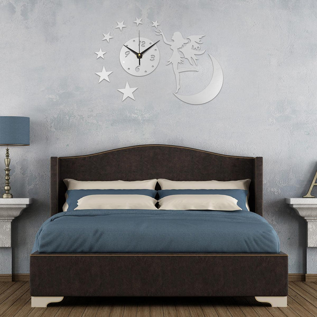 3D DIY Clock Acrylic Mirror Wall Sticker Fairy Angel Moon Star TV Backdrop Home Bedroom Wall Decoration Art Supplies - MRSLM