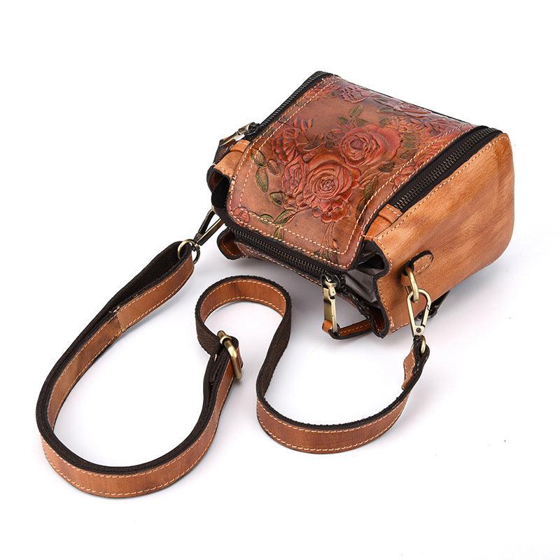 Fashionable Leather Vintage hand embossed handbag with shoulder inclined water bucket - MRSLM