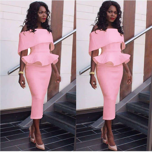 off shoulder ruffle pencil dress, view 3 - MRSLM