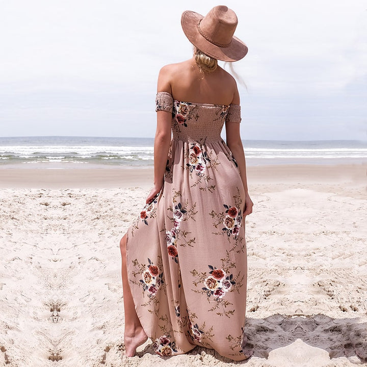 Women's Boho Off Shoulder Dress With Floral Print