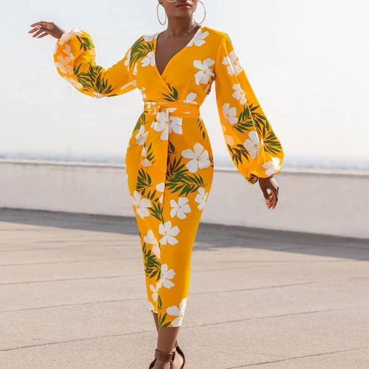 Yellow Floral Printed Bodycon Dress for Women