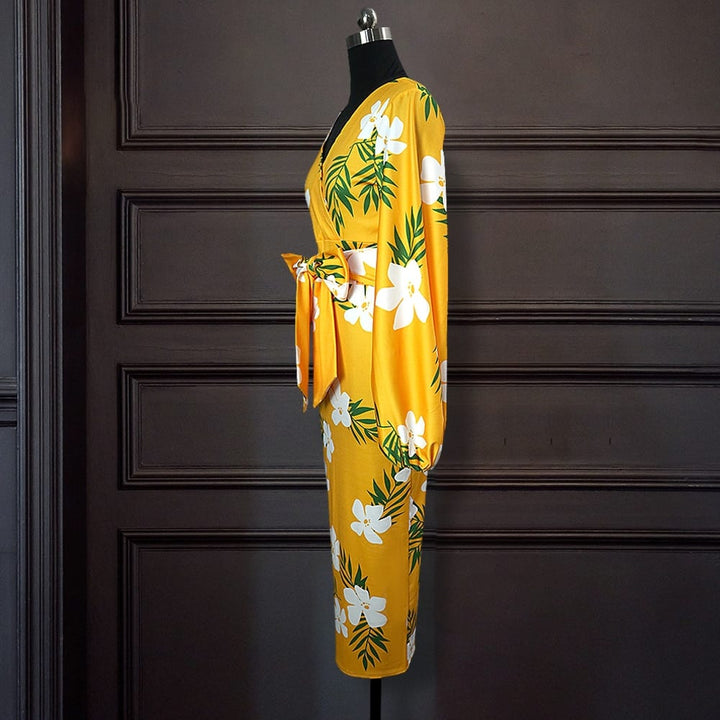 Yellow Floral Printed Bodycon Dress for Women