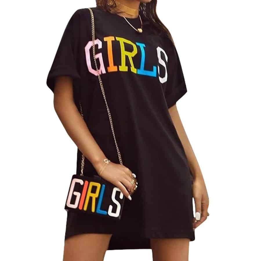 Women's Straight Dress with Girls Rainbow Letters Print