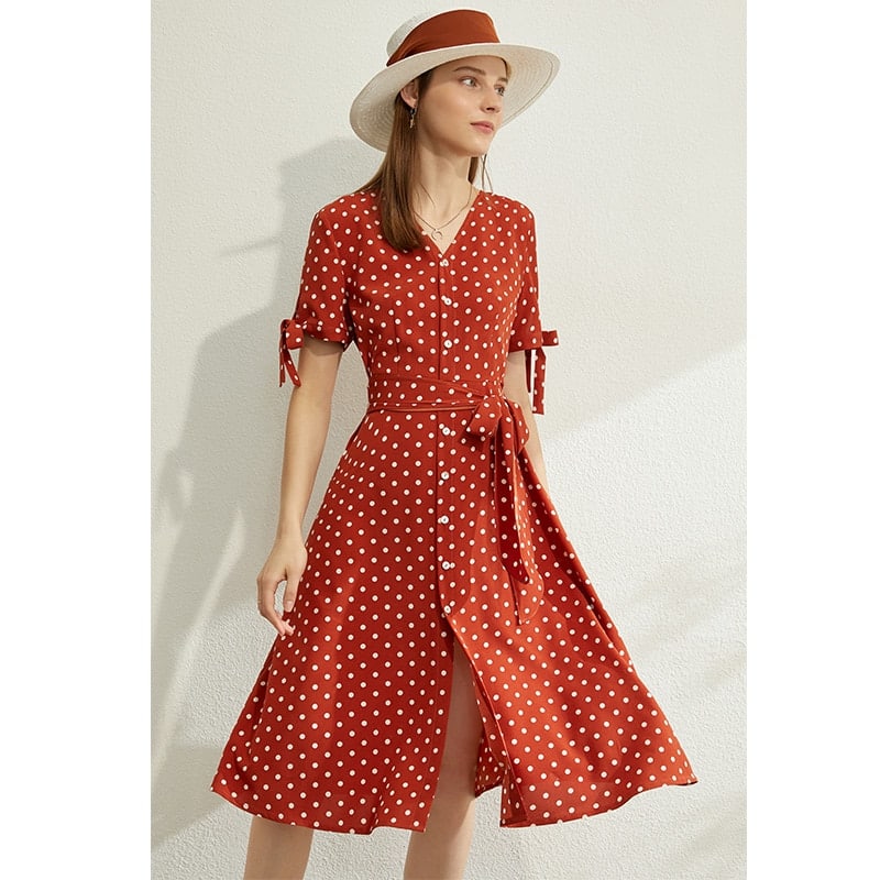 Women's Dot Printed V-Neck High Waist Dress