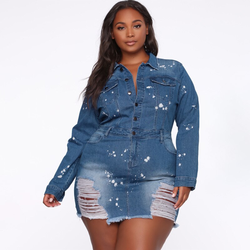 Turn Down Collar Denim Jacket-Dress for Women