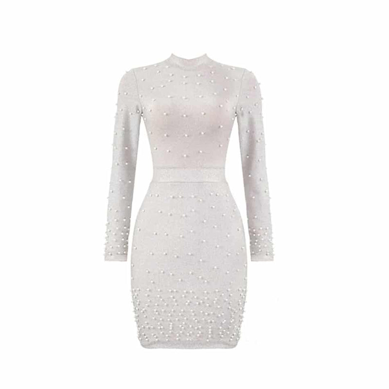 Vestido feminino de manga comprida com decote redondo e aplicações de miçangas